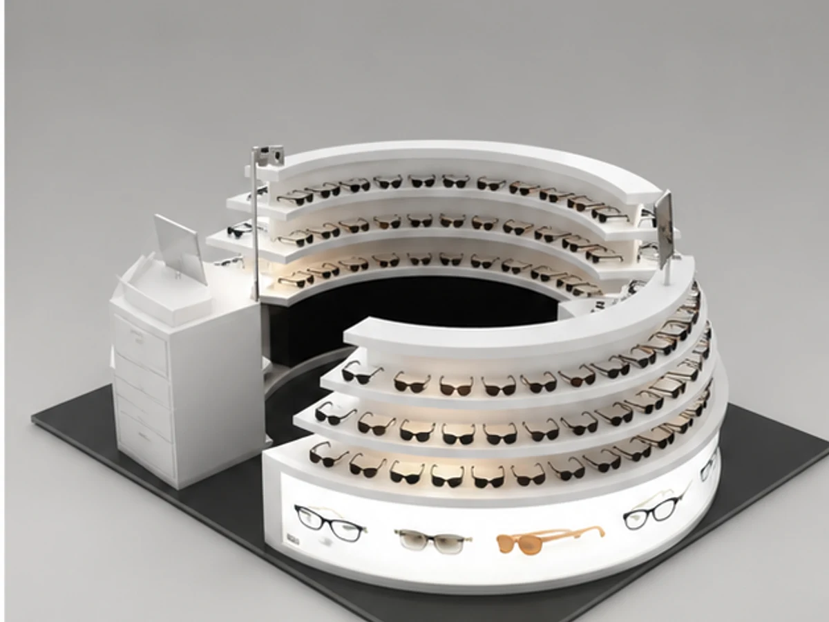 Fancy sunglasses display booth sunglasses display shelves used in shopping mall angled eyewear display view