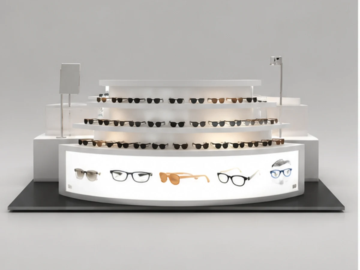 Fancy sunglasses display booth sunglasses display shelves used in shopping mall mirror and frame browsing area