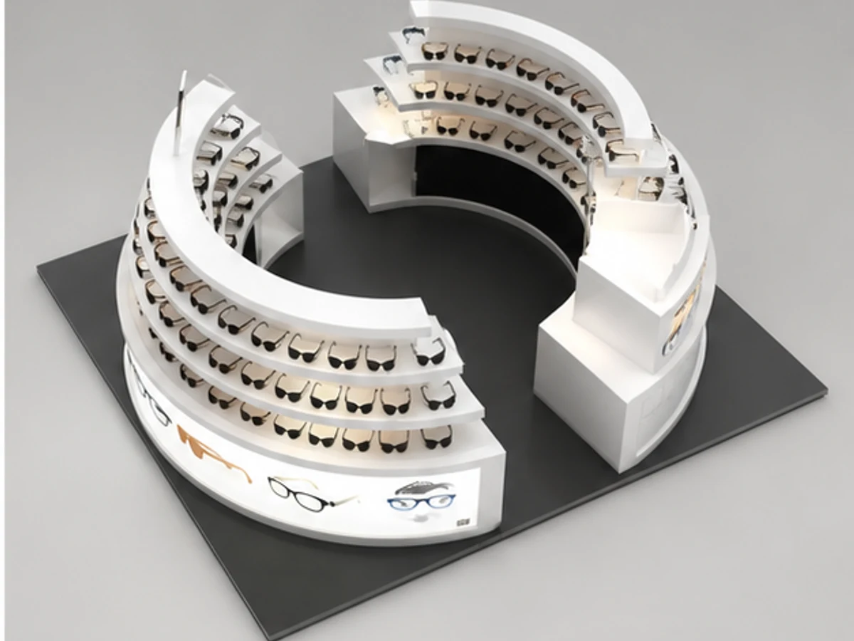 Fancy sunglasses display booth sunglasses display shelves used in shopping mall staff storage and display detail