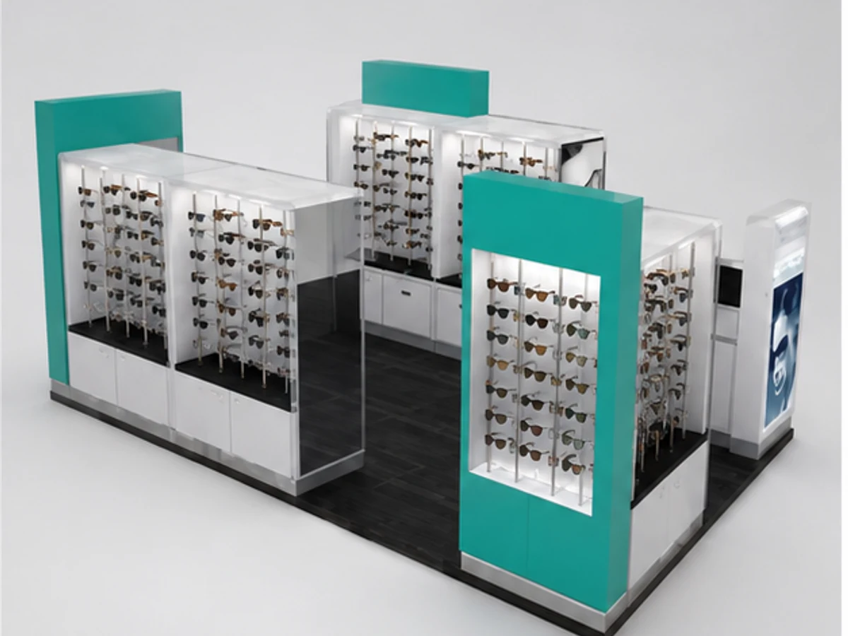 Fashion Kiosk For Sale | Modern Design sunglass kiosk booth stands in mall main mall-facing view