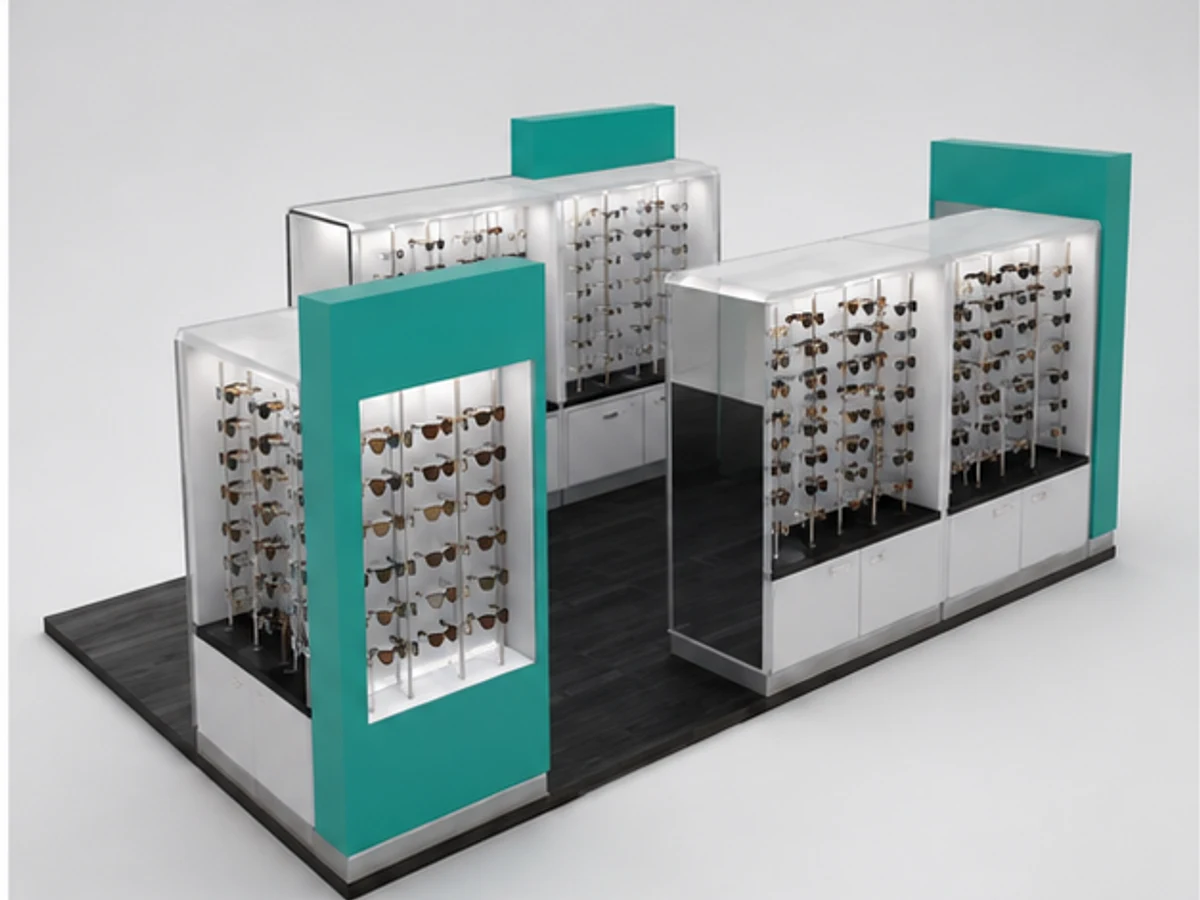 Fashion Kiosk For Sale | Modern Design sunglass kiosk booth stands in mall angled eyewear display view