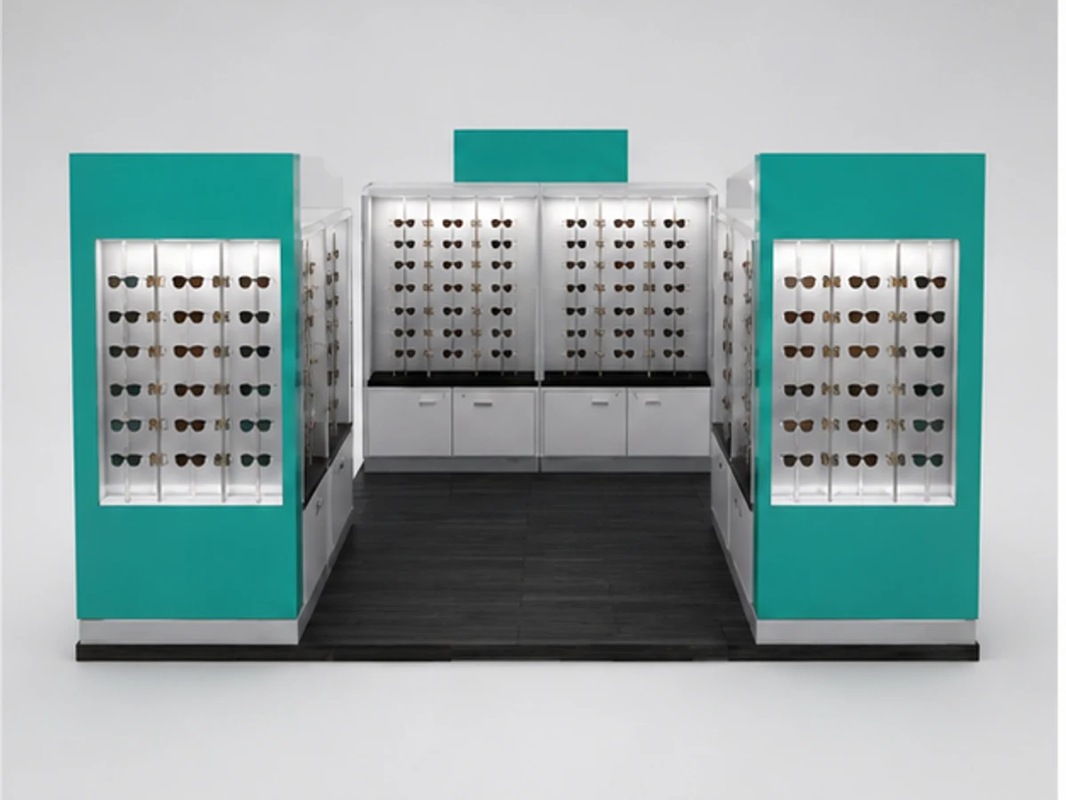 Fashion Kiosk For Sale | Modern Design sunglass kiosk booth stands in mall mirror and frame browsing area