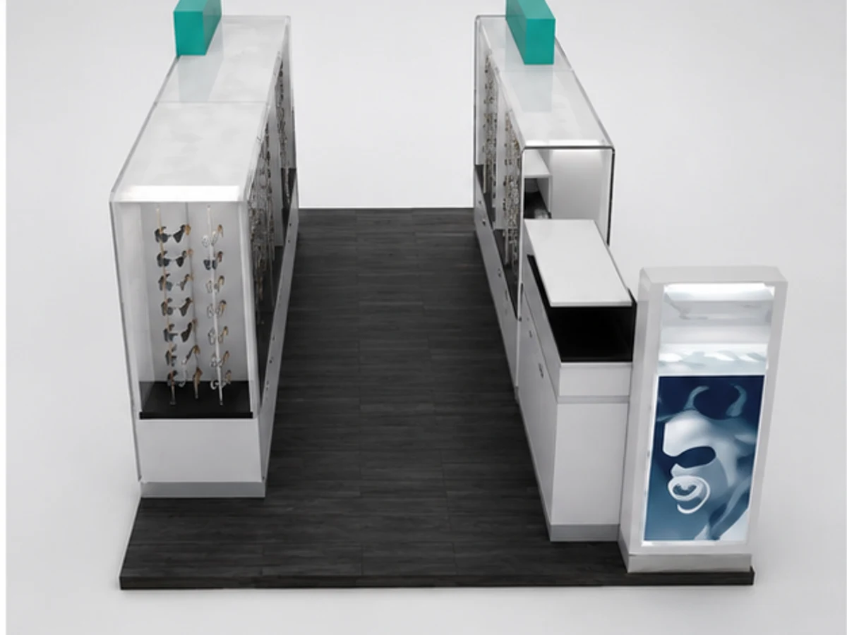 Fashion Kiosk For Sale | Modern Design sunglass kiosk booth stands in mall staff storage and display detail