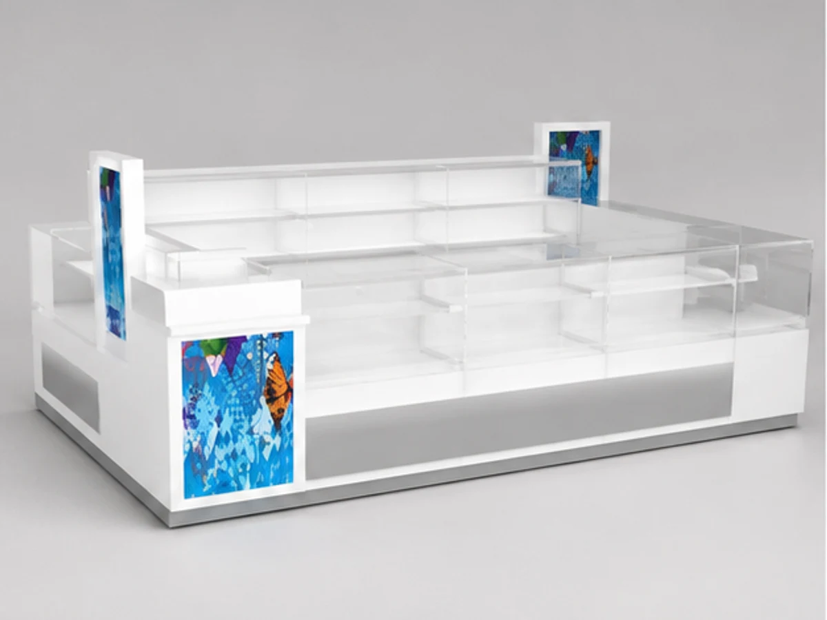 Glass display sunglasses kiosk | custom mall glasses showcase main mall-facing view