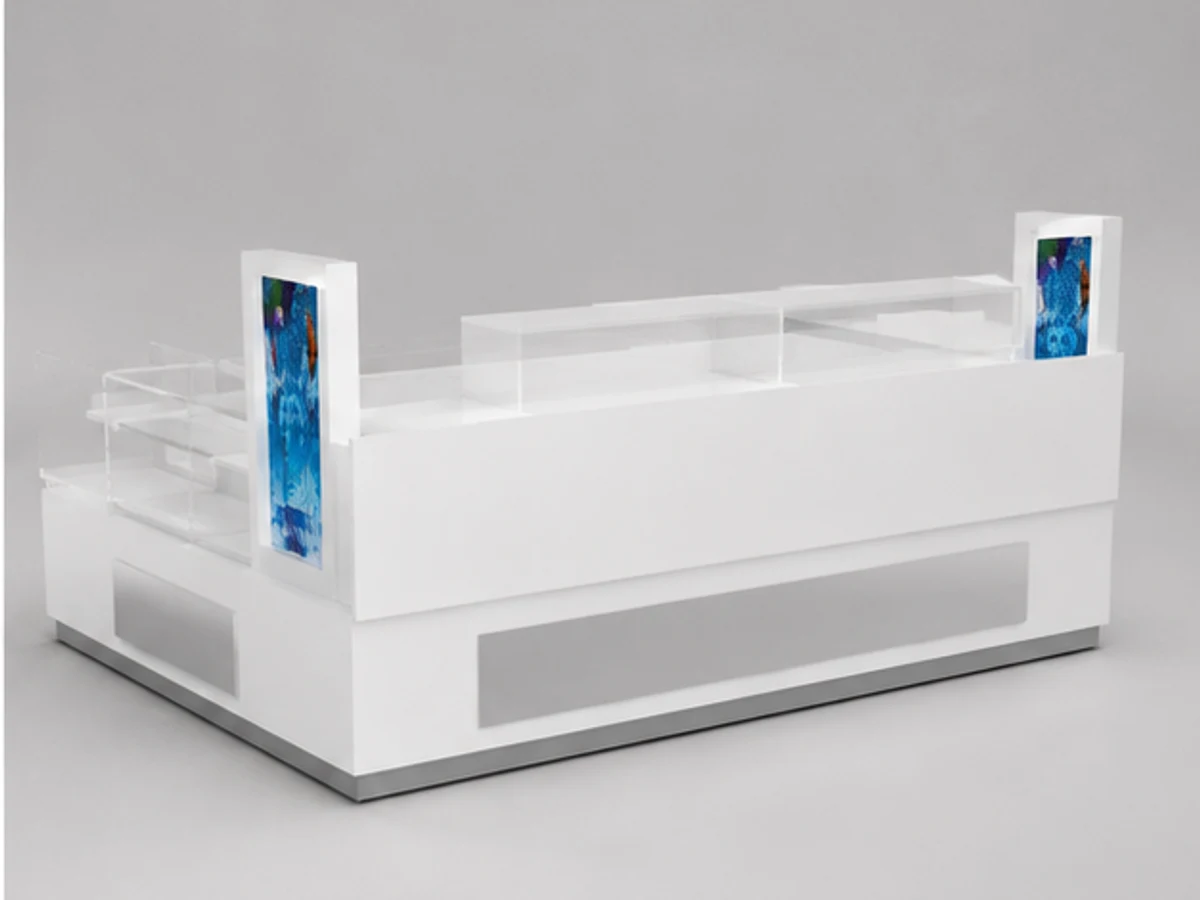 Glass display sunglasses kiosk | custom mall glasses showcase angled eyewear display view