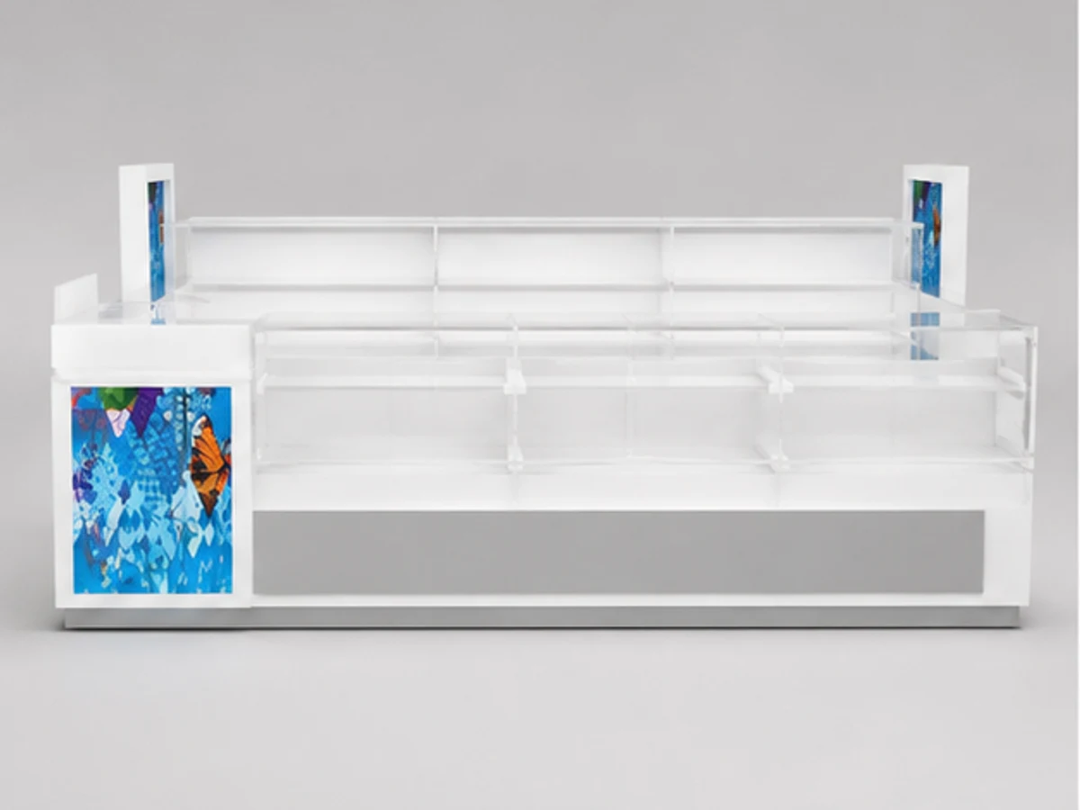 Glass display sunglasses kiosk | custom mall glasses showcase mirror and frame browsing area