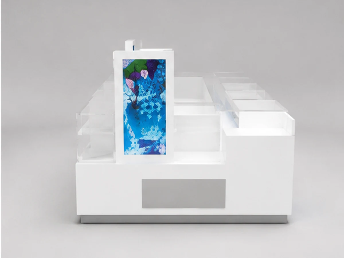 Glass display sunglasses kiosk | custom mall glasses showcase staff storage and display detail