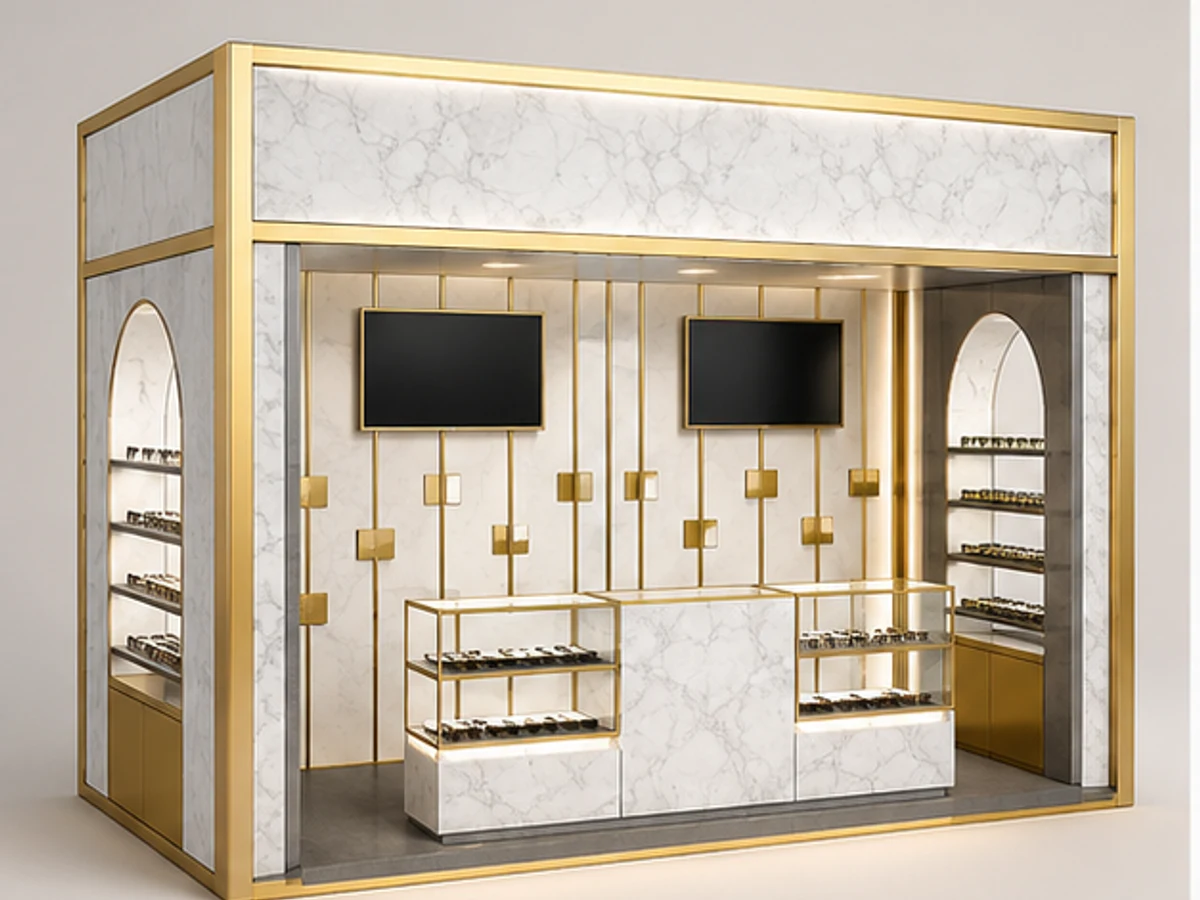 High-grade Shopping Mall Sunglasses Display Kiosk Retail Eyewear Display Booth main mall-facing view