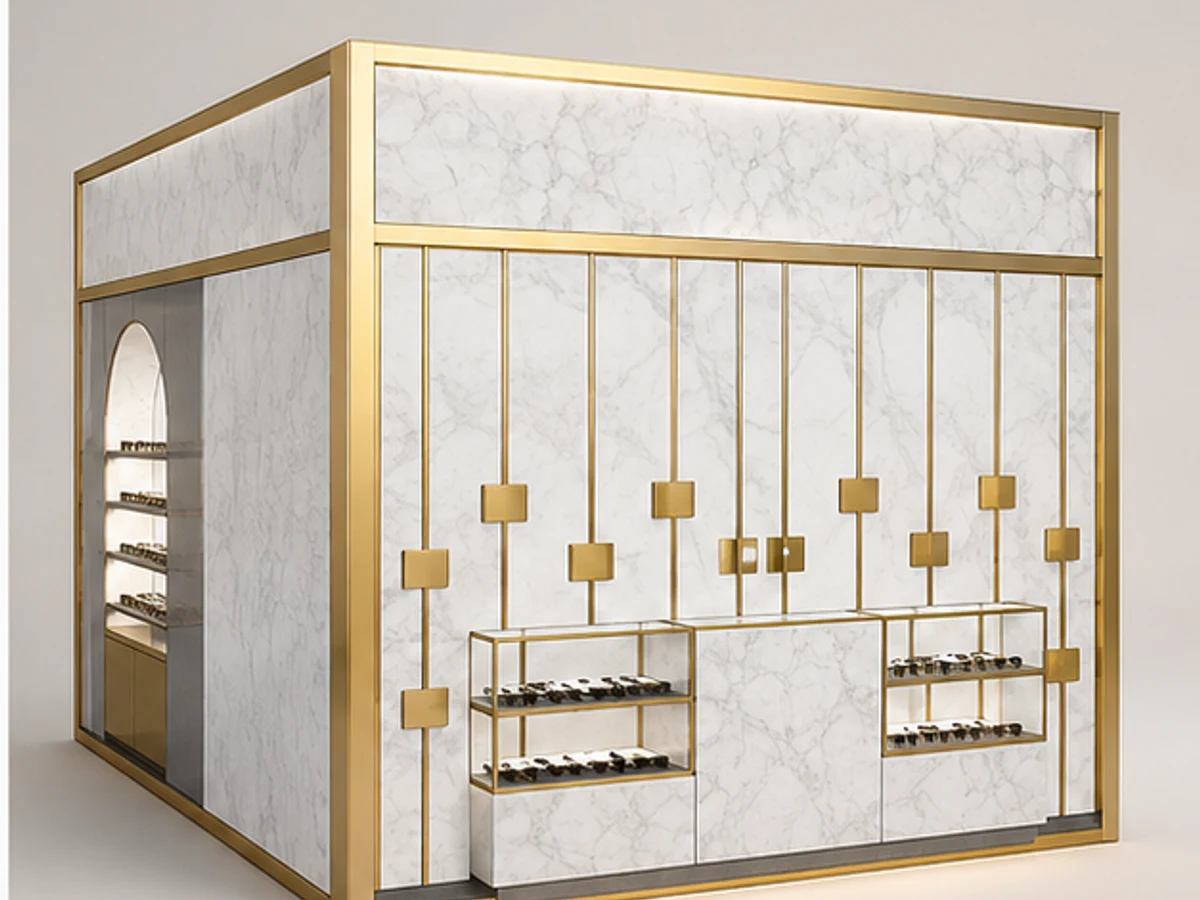 High-grade Shopping Mall Sunglasses Display Kiosk Retail Eyewear Display Booth angled eyewear display view