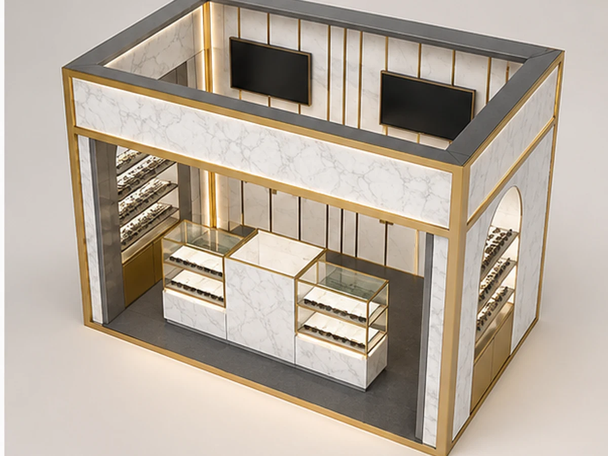 High-grade Shopping Mall Sunglasses Display Kiosk Retail Eyewear Display Booth staff storage and display detail