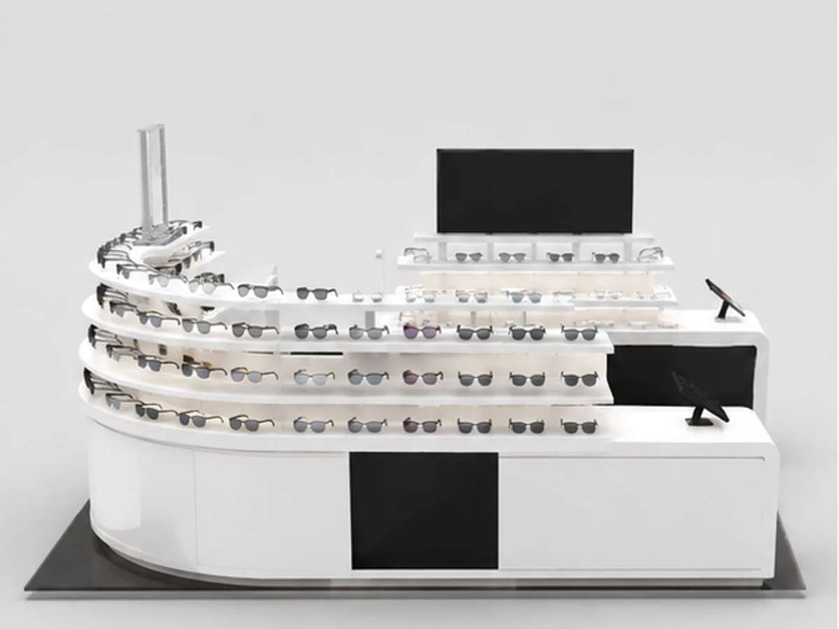 Hot Selling Glasses Kiosk &  Eyewear Display Showcase with Unique Design in Retail Store mirror and frame browsing area