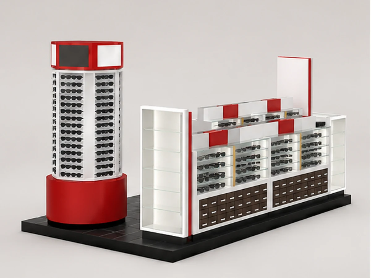Fashionable Sunglasses kiosk brand eyewear booths new design red Optical store for sale main mall-facing view