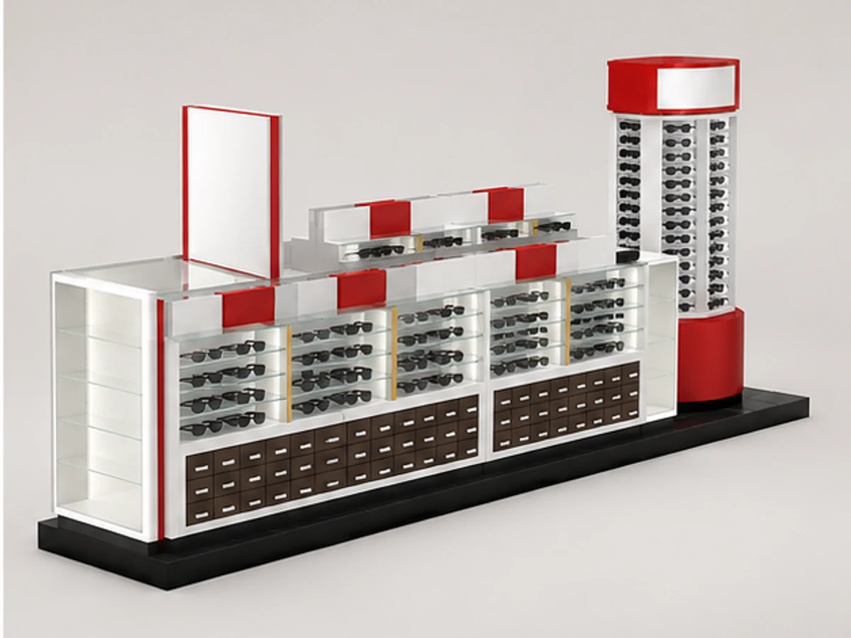 Fashionable Sunglasses kiosk brand eyewear booths new design red Optical store for sale angled eyewear display view