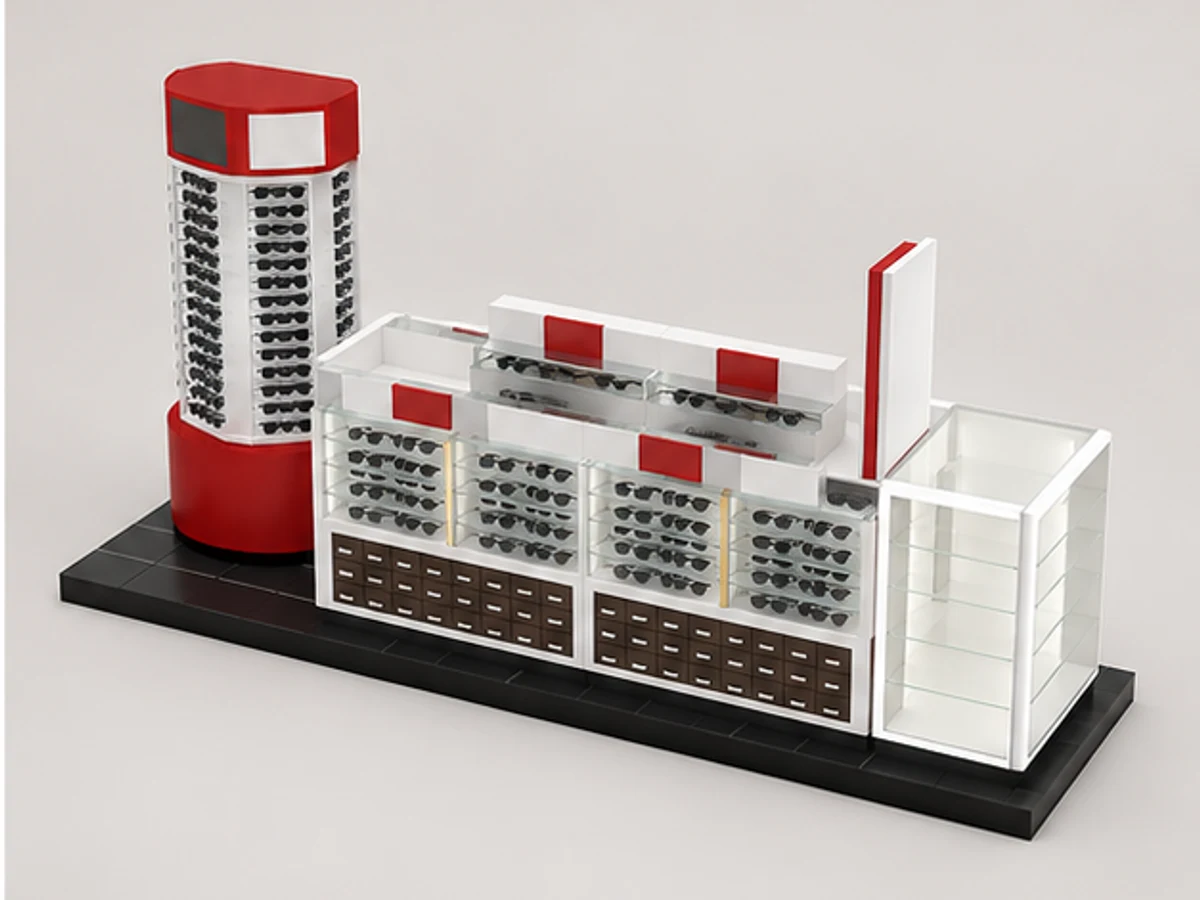 Fashionable Sunglasses kiosk brand eyewear booths new design red Optical store for sale staff storage and display detail