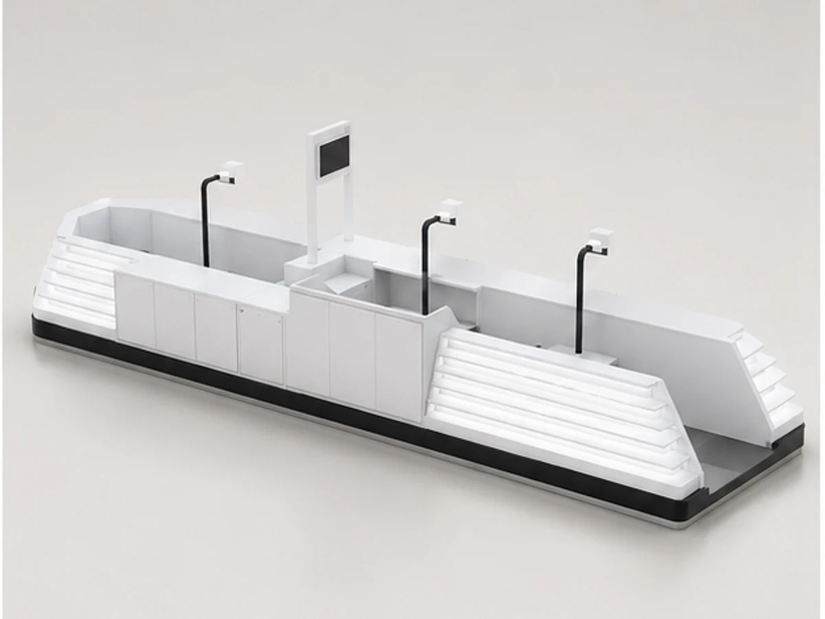 Huge Boat Glasses Kiosk Sunglasses Display Bar Mall Inside Glasses Display Counter angled eyewear display view