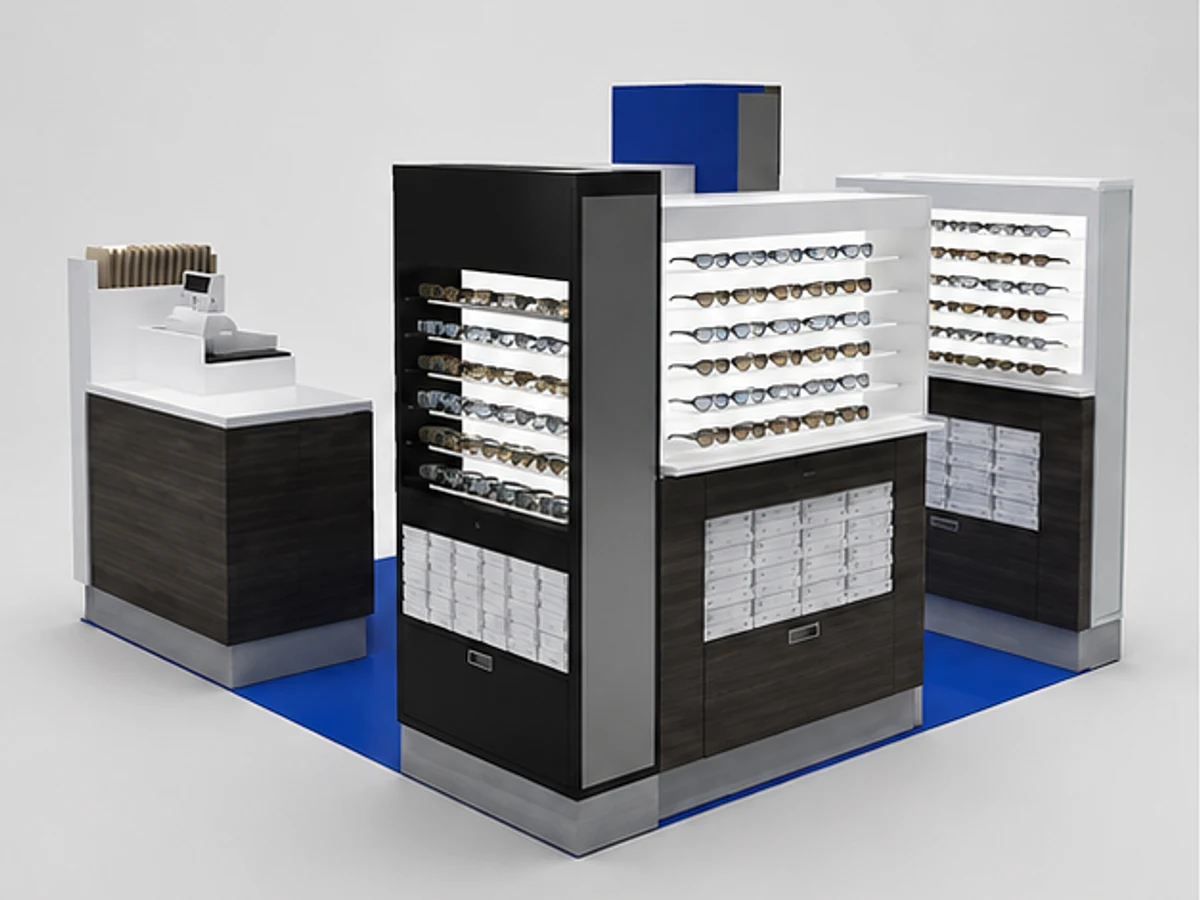 Independent sunglasses cabinets | eyeglasses display stand in the mall main mall-facing view