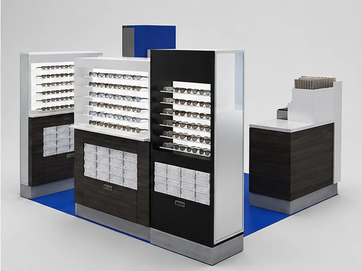 Independent sunglasses cabinets | eyeglasses display stand in the mall angled eyewear display view