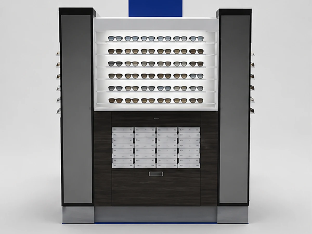 Independent sunglasses cabinets | eyeglasses display stand in the mall mirror and frame browsing area