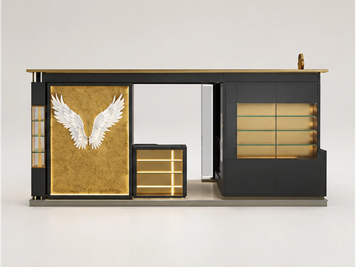 Luxury Optical Display Showcase Retail Golden Eyewear Kiosk Optical Booth mirror and frame browsing area