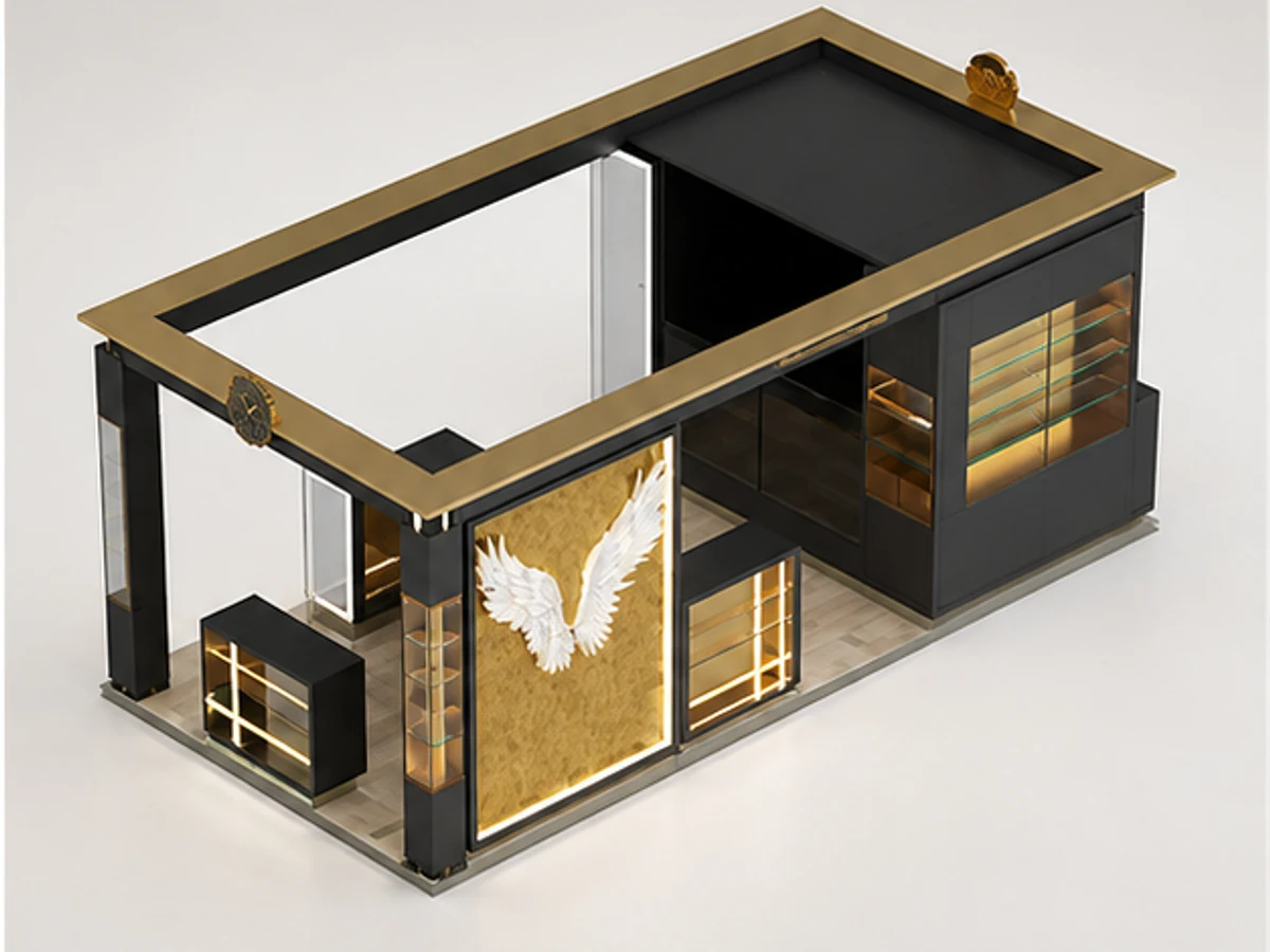 Luxury Optical Display Showcase Retail Golden Eyewear Kiosk Optical Booth staff storage and display detail