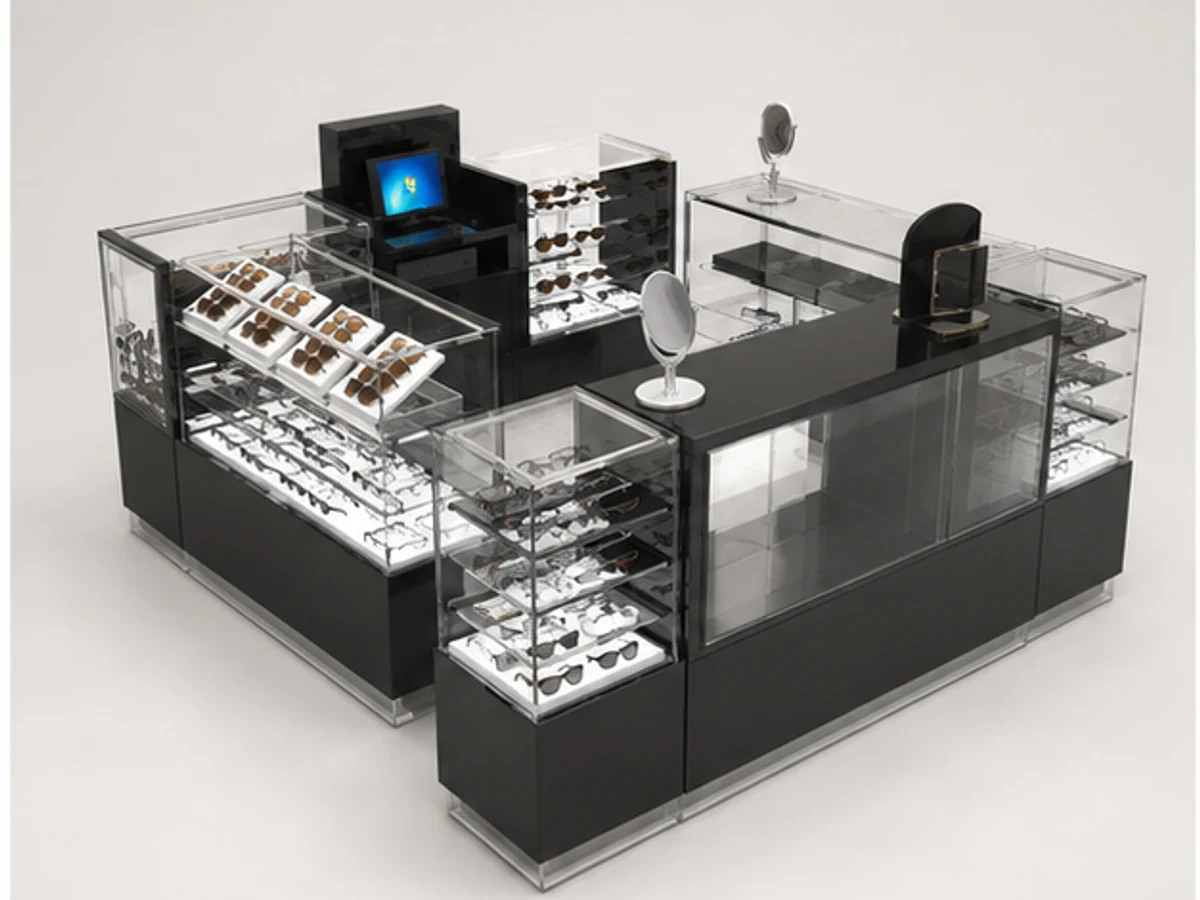 Modern Optical Indoor Kiosk For Sale Sunglasses Transparent Glass Display Counter Eyewear Showcase main mall-facing view