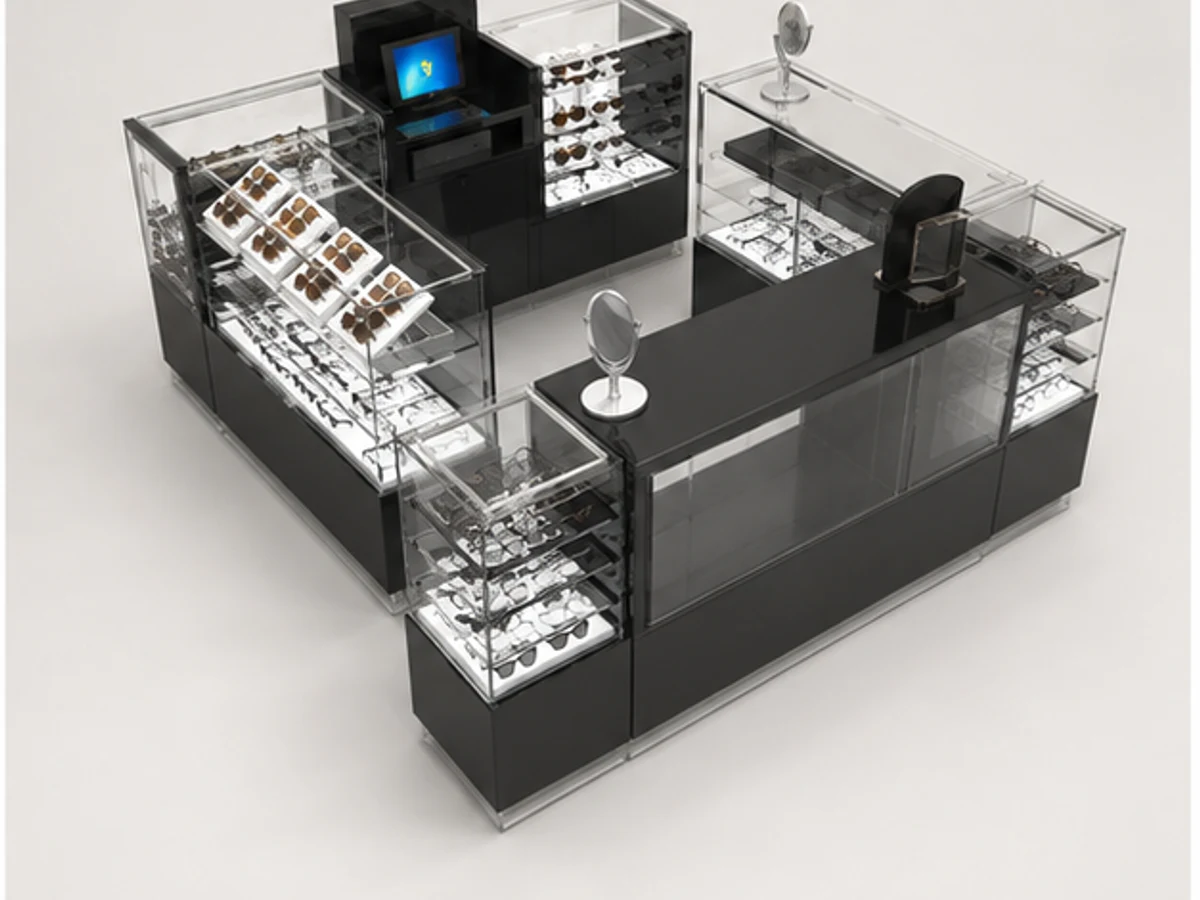 Modern Optical Indoor Kiosk For Sale Sunglasses Transparent Glass Display Counter Eyewear Showcase staff storage and display detail