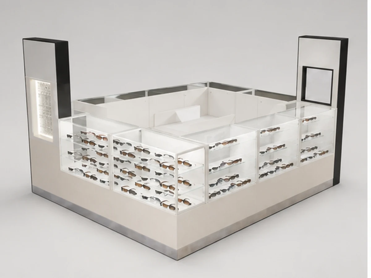 Modern sunglasses kiosk | 3d design for glasses booth main mall-facing view
