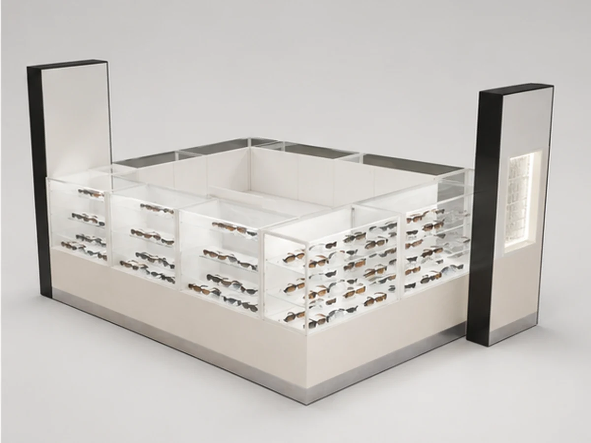 Modern sunglasses kiosk | 3d design for glasses booth angled eyewear display view