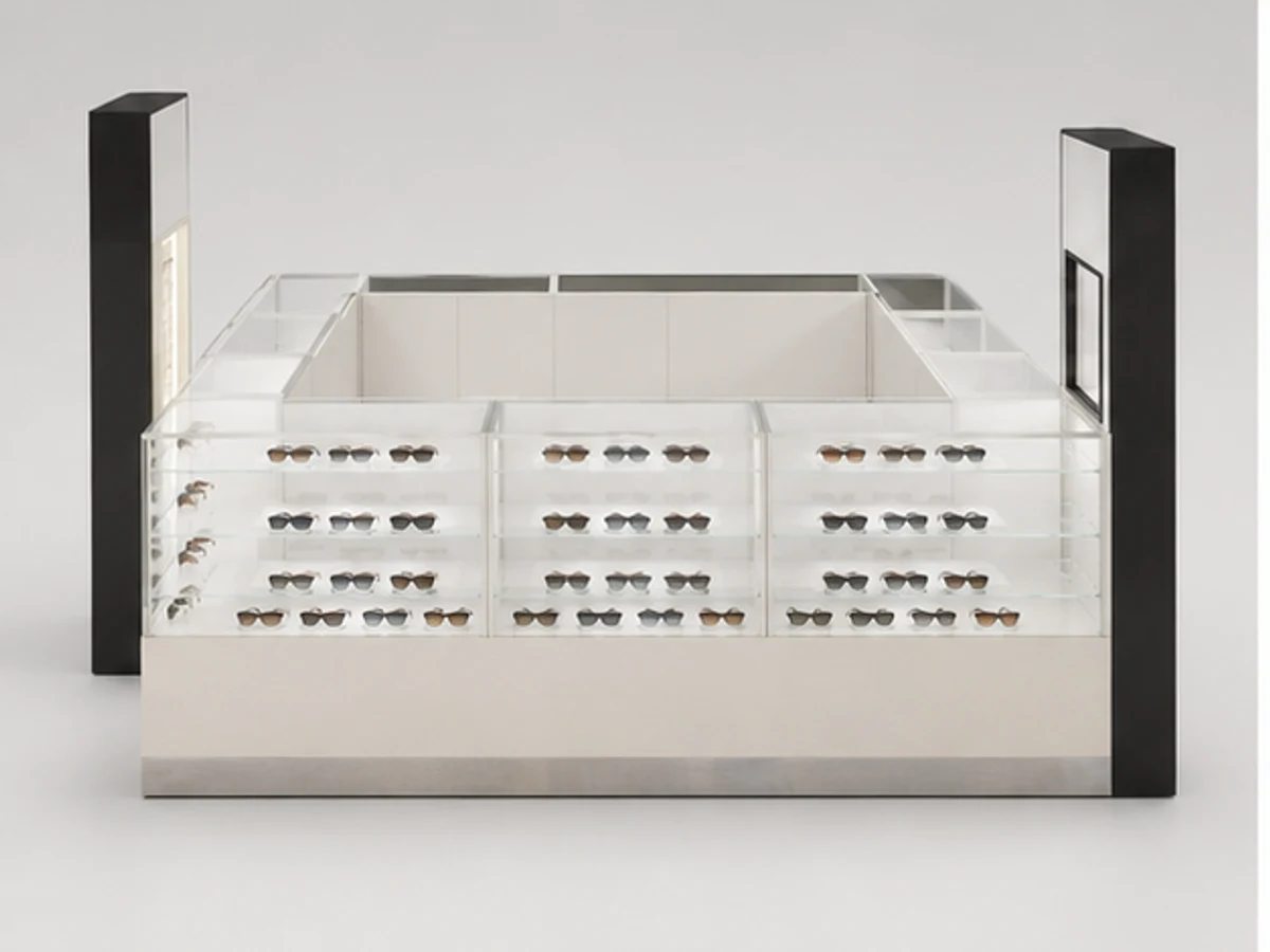 Modern sunglasses kiosk | 3d design for glasses booth mirror and frame browsing area