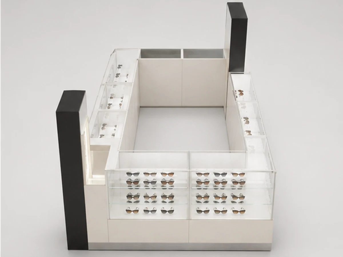 Modern sunglasses kiosk | 3d design for glasses booth staff storage and display detail