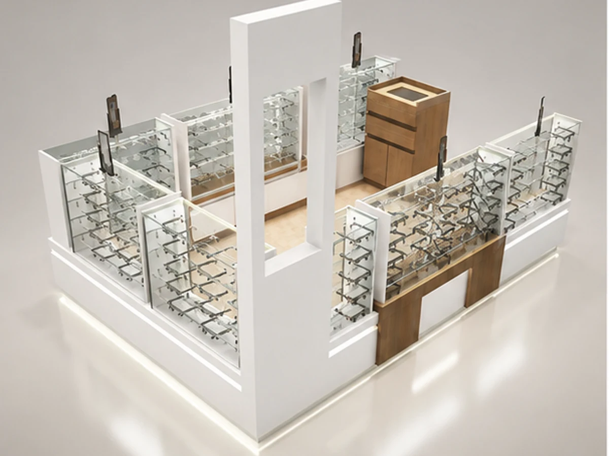 Modern Sunglasses Kiosk Mall Retail Wooden Optical Showcase Spectacle Display Counter main mall-facing view