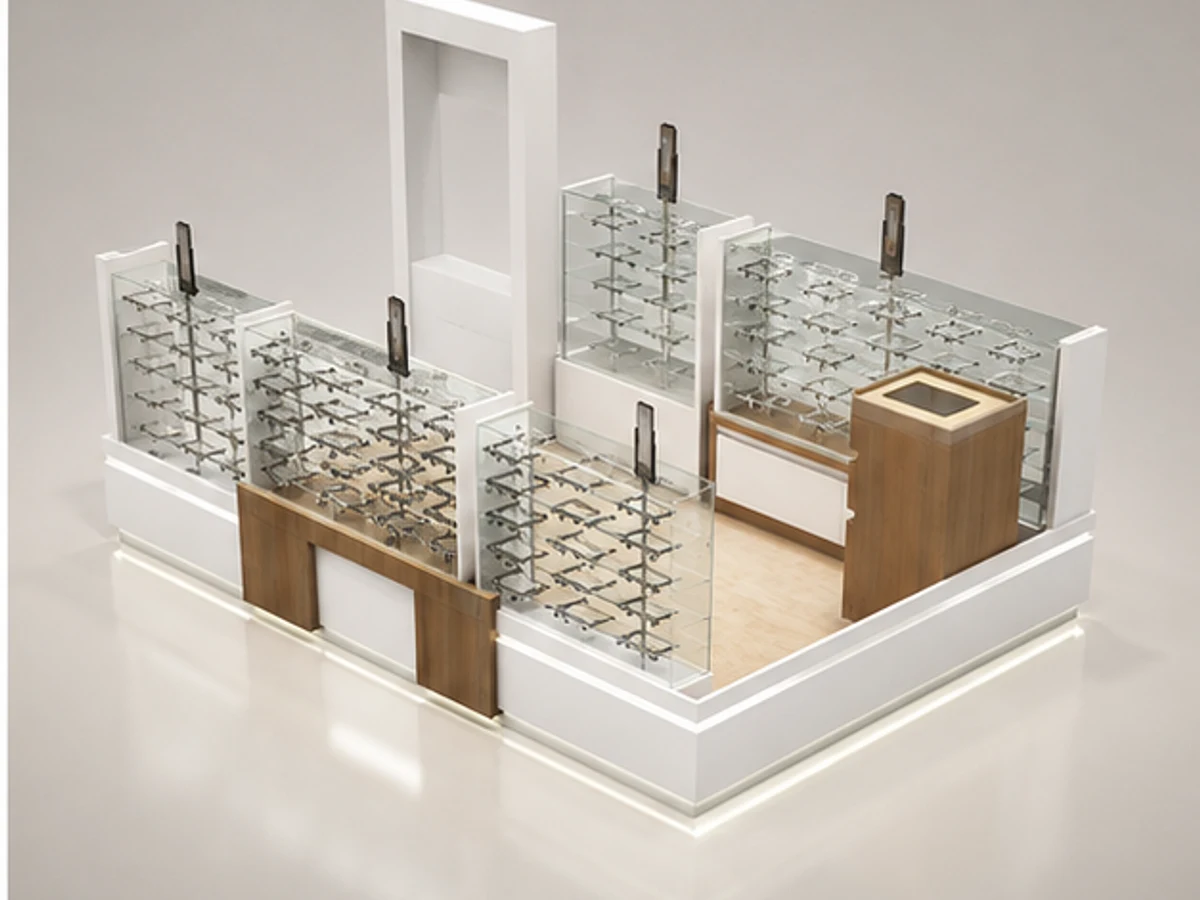 Modern Sunglasses Kiosk Mall Retail Wooden Optical Showcase Spectacle Display Counter angled eyewear display view