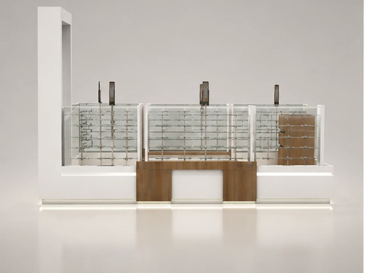 Modern Sunglasses Kiosk Mall Retail Wooden Optical Showcase Spectacle Display Counter mirror and frame browsing area