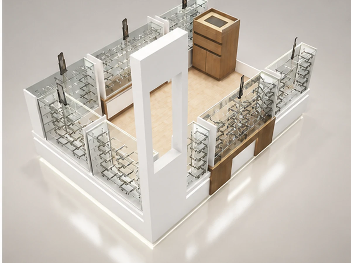 Modern Sunglasses Kiosk Mall Retail Wooden Optical Showcase Spectacle Display Counter staff storage and display detail