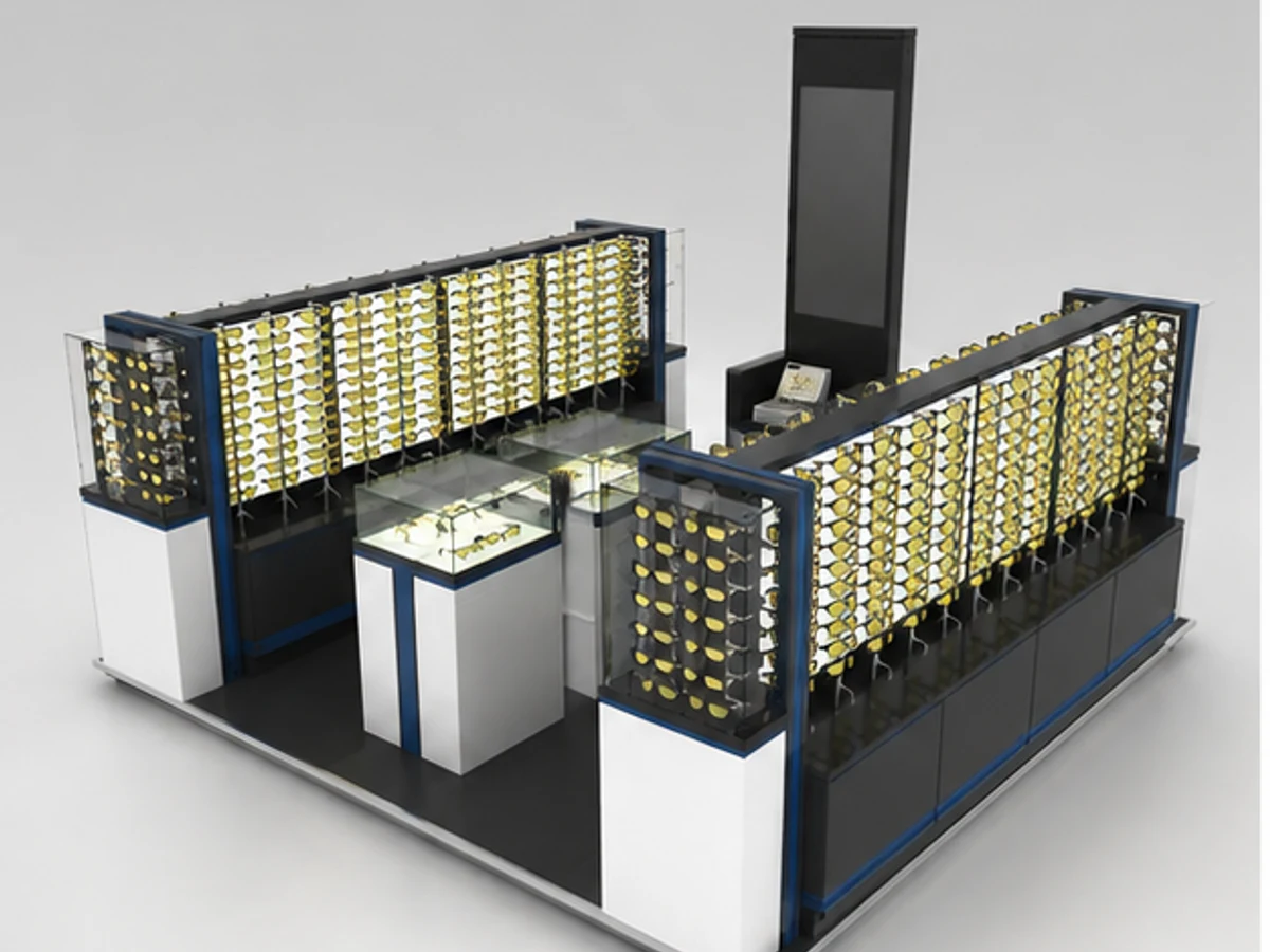 Most modern sunglasses display kiosk sunglasses display racks design used in mall main mall-facing view