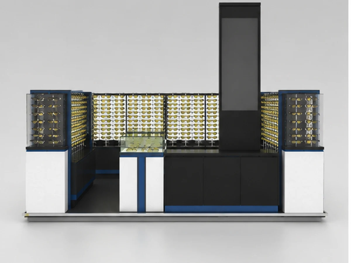 Most modern sunglasses display kiosk sunglasses display racks design used in mall mirror and frame browsing area
