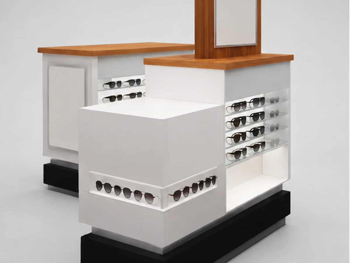 Most popular sunglasses display stand | glass showcase for eyeglasses main mall-facing view