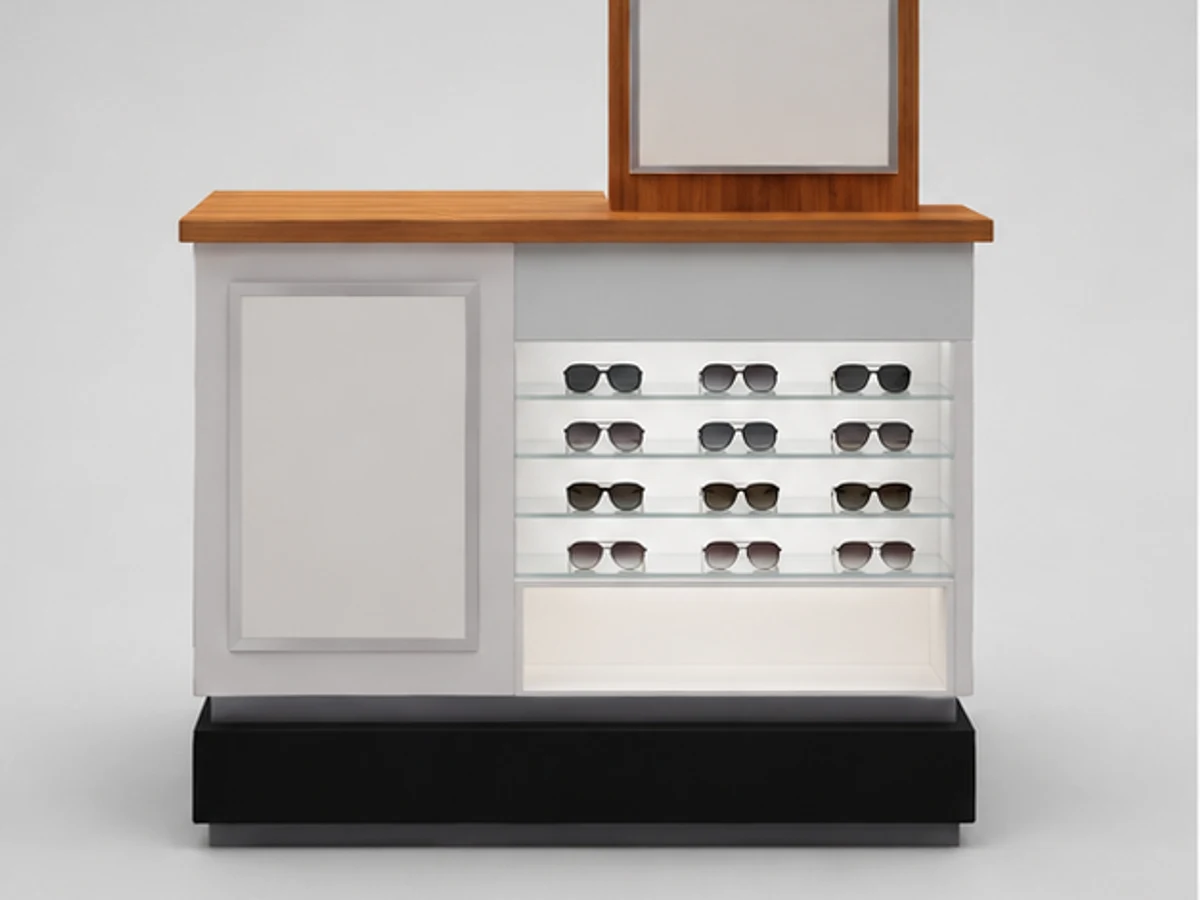 Most popular sunglasses display stand | glass showcase for eyeglasses mirror and frame browsing area