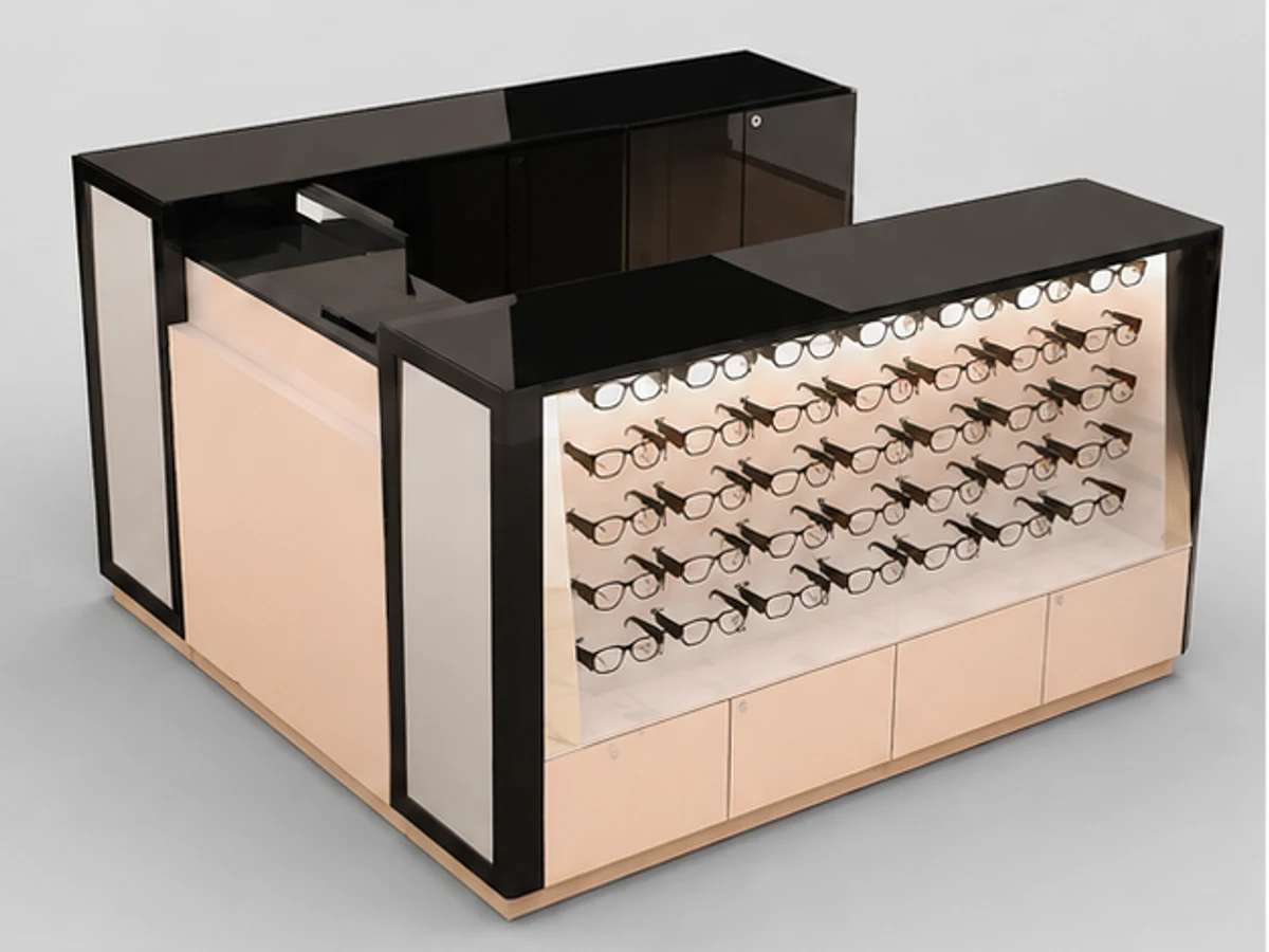 Most popular sunglasses stand | shopping mall eyeglasses booth main mall-facing view