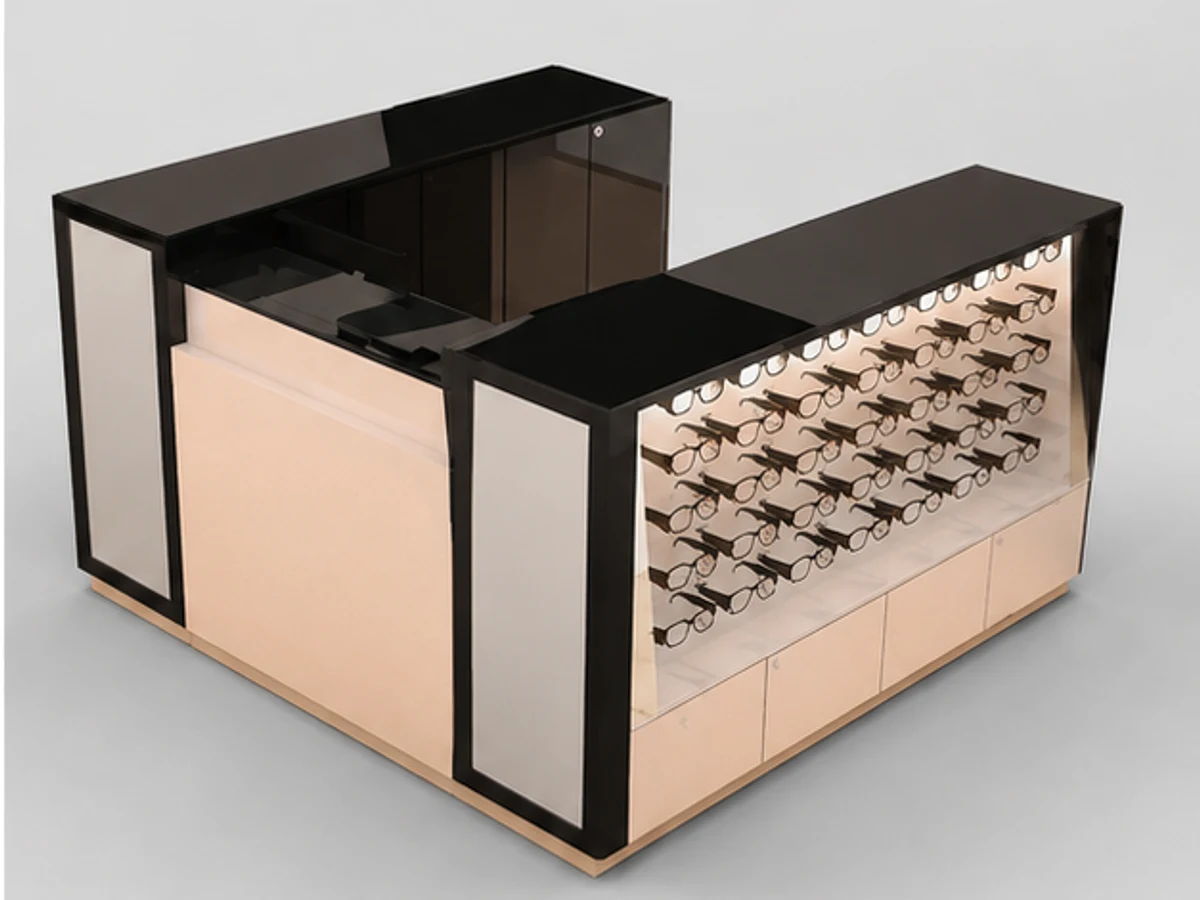 Most popular sunglasses stand | shopping mall eyeglasses booth angled eyewear display view