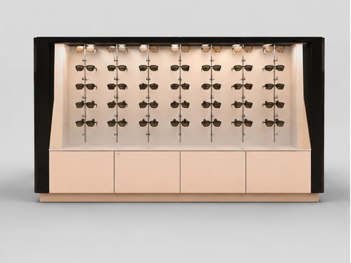 Most popular sunglasses stand | shopping mall eyeglasses booth mirror and frame browsing area