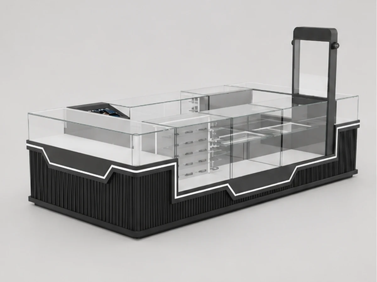 New design police kiosk in shopping mall custom size black glass Sunglasses display case for sale main mall-facing view