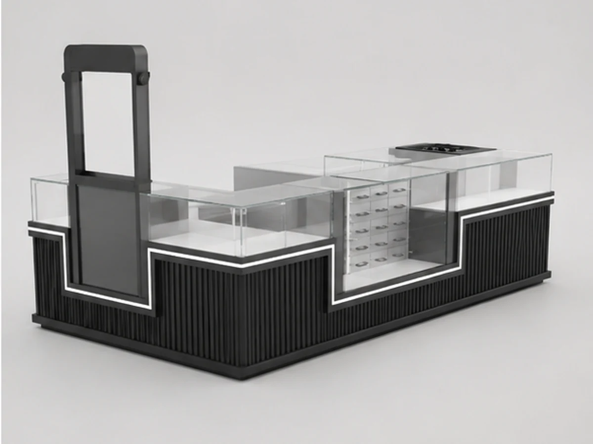 New design police kiosk in shopping mall custom size black glass Sunglasses display case for sale angled eyewear display view
