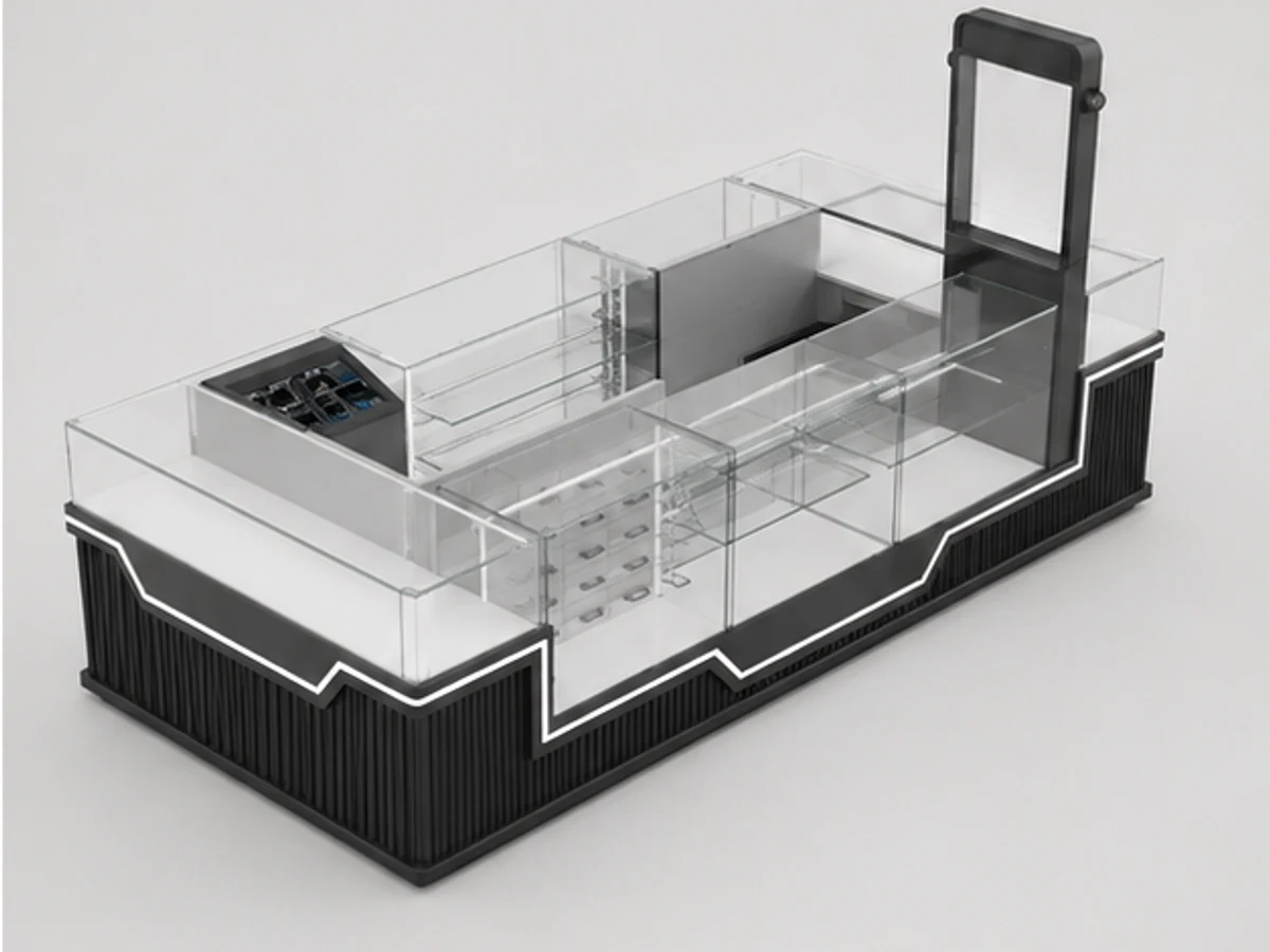 New design police kiosk in shopping mall custom size black glass Sunglasses display case for sale staff storage and display detail