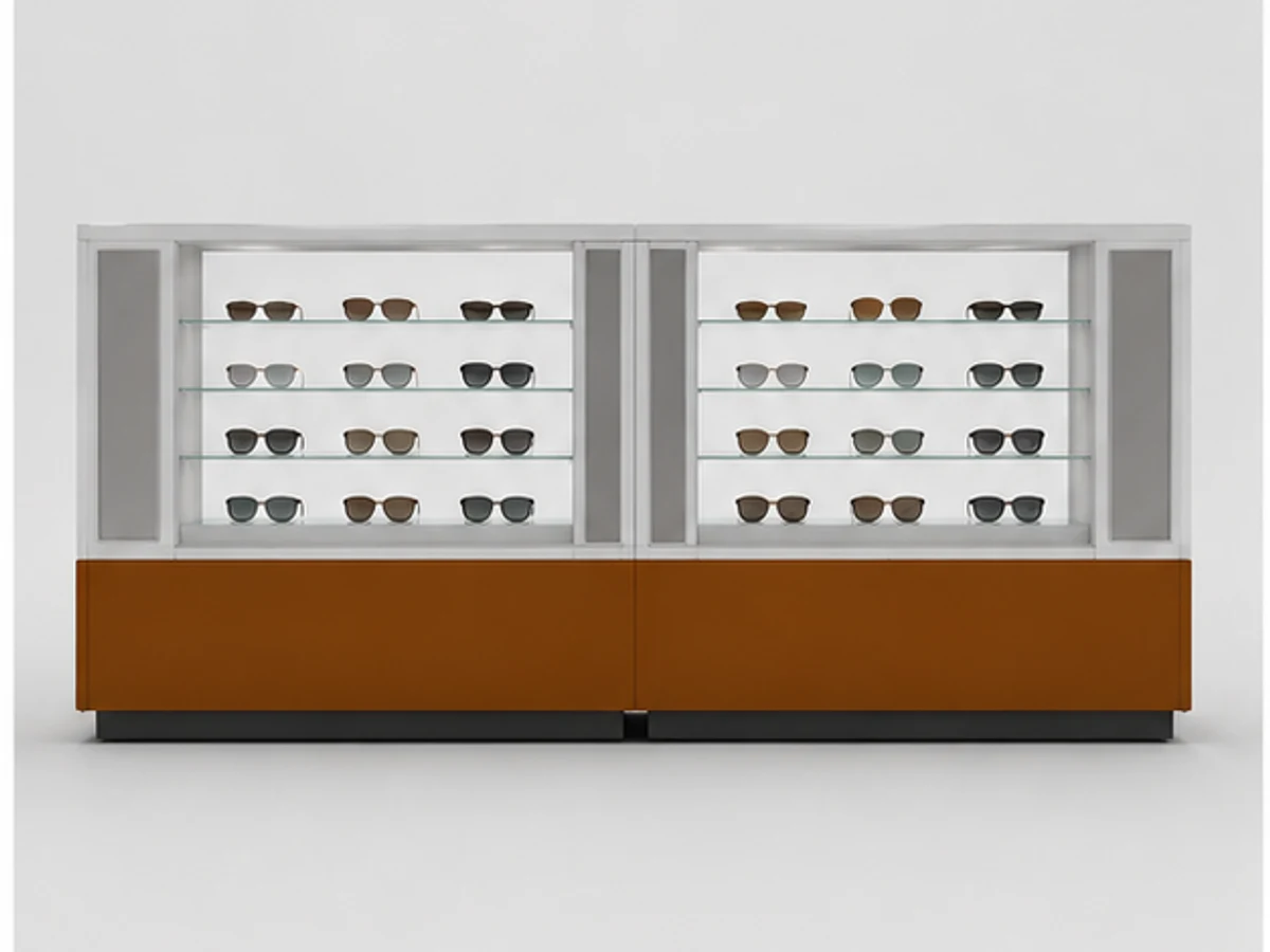New designed functional glasses display kiosk sunglasses display showcase for sale mirror and frame browsing area