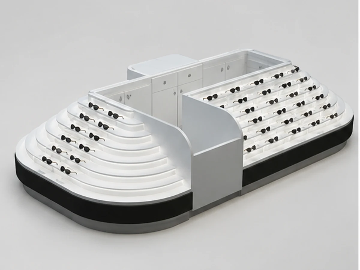 new designed sunglasses display booth sunglasses display counter used in mall main mall-facing view