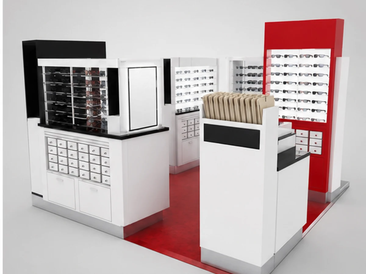 NYS Sunglass Kiosk Design Sunglasses Retail Shop Stands In Mall angled eyewear display view