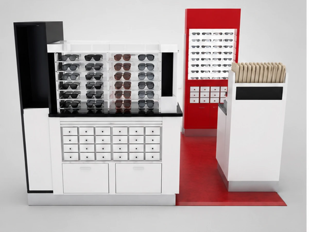 NYS Sunglass Kiosk Design Sunglasses Retail Shop Stands In Mall mirror and frame browsing area