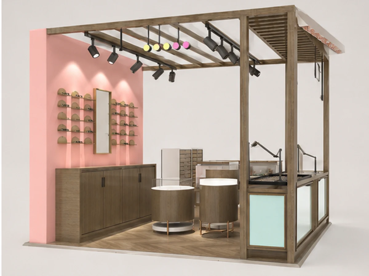 O-lens Indoor Display Showcases Contact Lenses Kiosk For Mall angled eyewear display view