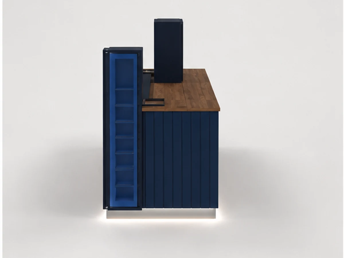 Open Glass Display Showcase Sunglasses Mall Kiosk Blue Retro Eyewear Counter mirror and frame browsing area
